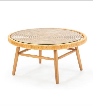 Mesa de Centro de Madera de Cedro, Mimbre y Cristal Templado Aravik