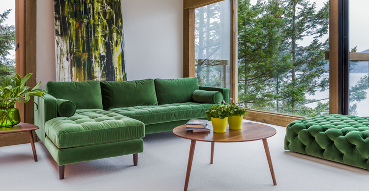 Ambiente moderno con chaise longue y puff de inspiración mid-century modern | Pinterest