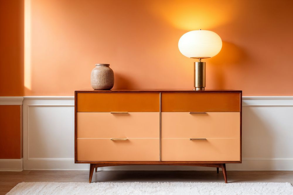Aparador de diseño retro en tonos naranja y beige, decorado con una lámpara de luz cálida y un jarrón de cerámica, creando un ambiente acogedor y elegante en la sala de estar.
