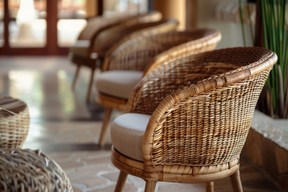 Elegantes sillas de ratán con cojines claros están alineadas en un entorno luminoso, resaltando la belleza y versatilidad del ratan en la decoración del hogar, ideal para interiores acogedores.