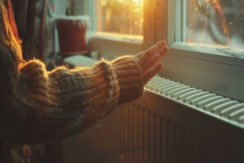 Una mano se extiende hacia un radiador mientras la luz del atardecer ilumina suavemente la escena, destacando la belleza del espacio. La ventana muestra un exterior nevado, creando un contraste acogedor entre el calor interior y el frío exterior.
