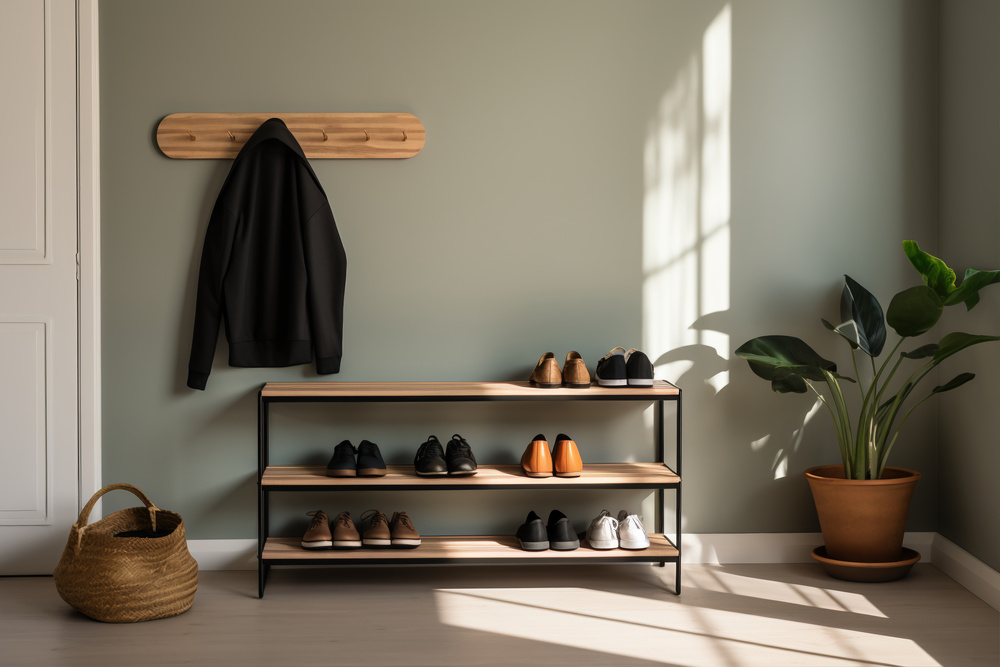 Zapatero funcional de madera con zapatos organizados, complementado por un perchero de pared y una planta, creando un recibidor práctico y acogedor.
