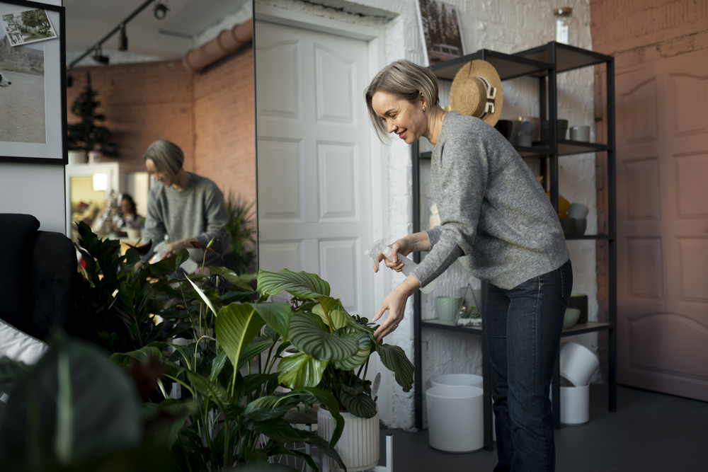 Una mujer riega sus plantas de interior con un pulverizador en un espacio elegante y acogedor, resaltando la importancia del cuidado de la vegetación en el hogar.