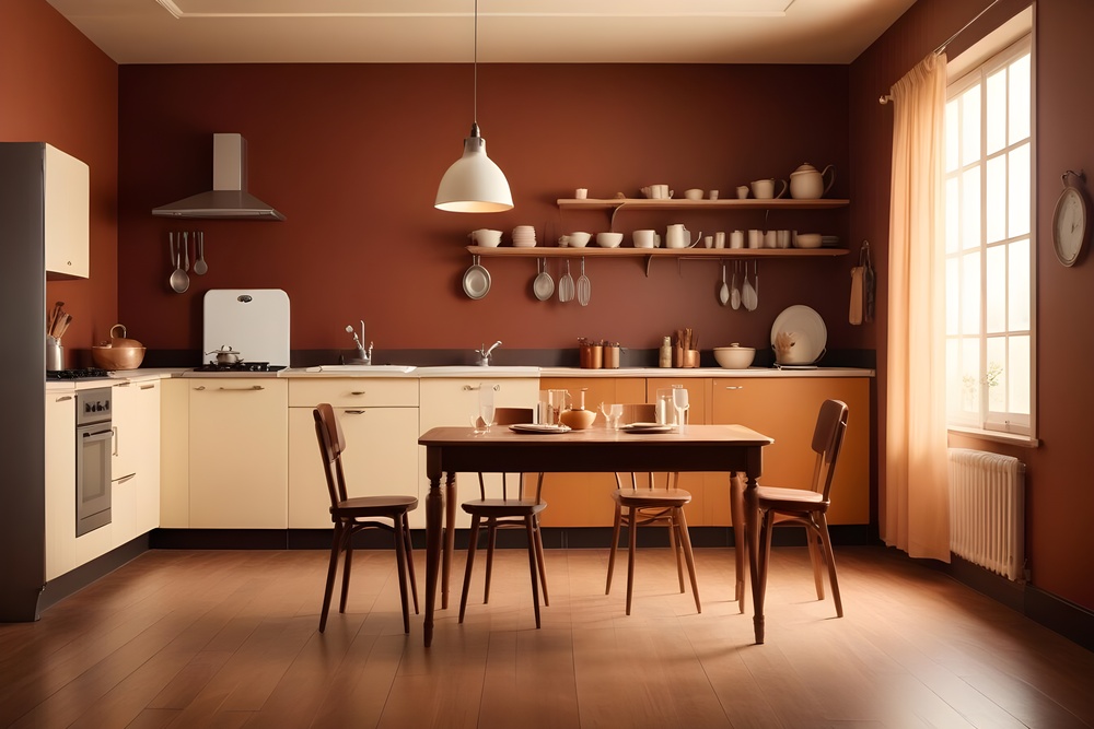 Cocina estilizada con una paleta de colores cálidos que combina paredes en terracota con armarios beige y una mesa de madera, proporcionando un espacio acogedor y funcional para disfrutar de las comidas.