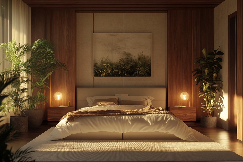 Un acogedor dormitorio decorado en tonos cálidos, con una cama blanca, mobiliario de madera y plantas, creando un ambiente relajante y armonioso, ideal para aplicar principios de Feng Shui.