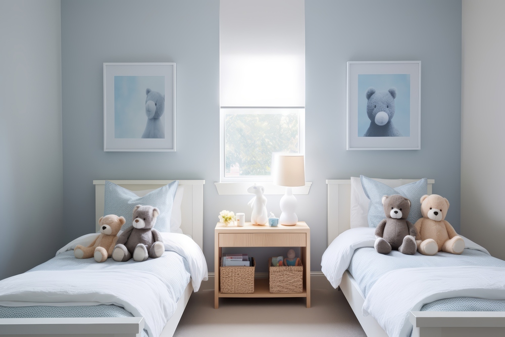 Dormitorio ideal para gemelos, equipado con dos camas individuales y decorado con peluches y arte en las paredes. Este espacio está diseñado para ser acogedor y funcional, fomentando tanto la unión como la individualidad de cada niño.