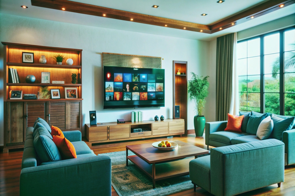 Vista de un salón contemporáneo con un televisor montado en la pared, ideal para disfrutar de una experiencia visual cómoda, con un ambiente armonioso y elegante.
