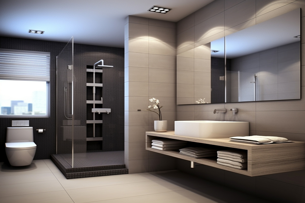 Baño moderno con ducha de cristal y lavabo sobre un mueble de madera. Este diseño contemporáneo destaca por su estética limpia y funcional, ideal para maximizar el espacio y mantener el orden en un ambiente expuesto a la humedad.