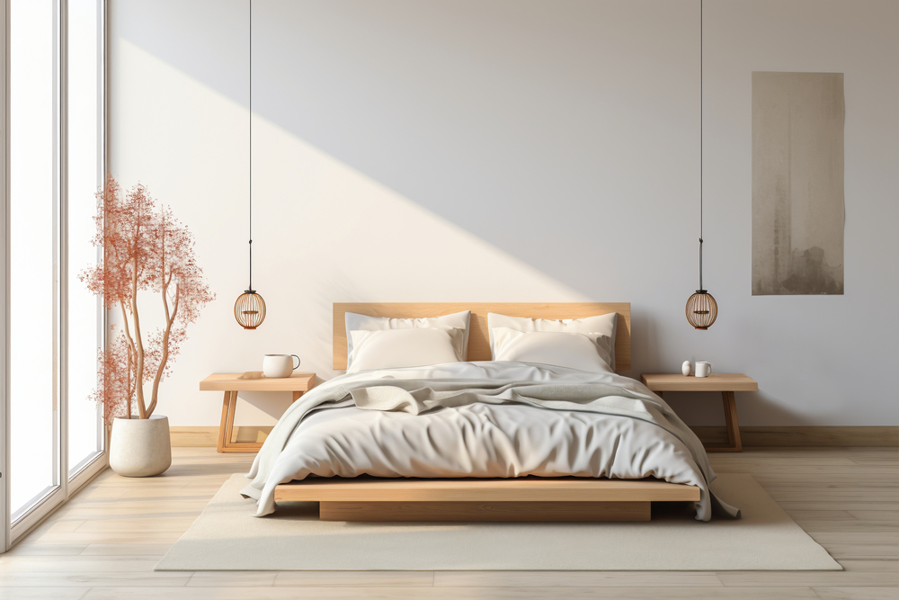 Esta habitación presenta una cama de madera clara con sábanas blancas y una manta gris, creando un ambiente acogedor y moderno. La luz natural entra por grandes ventanas, y una planta decorativa añade un toque fresco y natural, ideal para un descanso reparador.