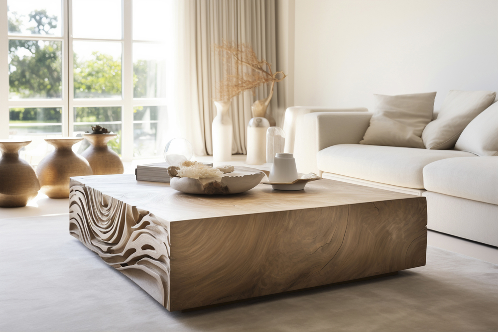 Elegante mesa de centro de madera tallada, adornada con un jarrón decorativo, situada en un luminoso salón con sofá blanco y decoración minimalista.