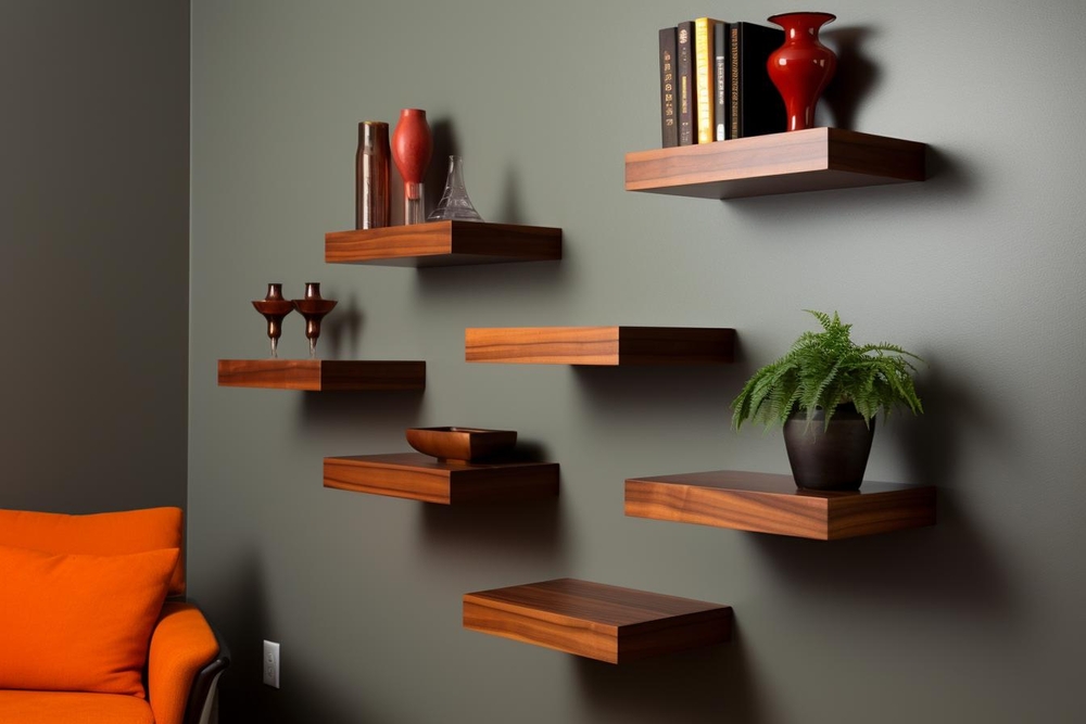 Estantes flotantes de madera organizan de manera elegante una colección de objetos decorativos, incluidos jarrones y libros, añadiendo un toque de estilo y personalidad a la habitación.