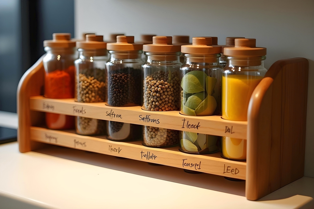 Vista de un estante de especias bien organizado con frascos de vidrio, cada uno etiquetado con el nombre de la especia. La presentación ordenada resalta la frescura y variedad de las especias, creando un ambiente atractivo en la cocina.
