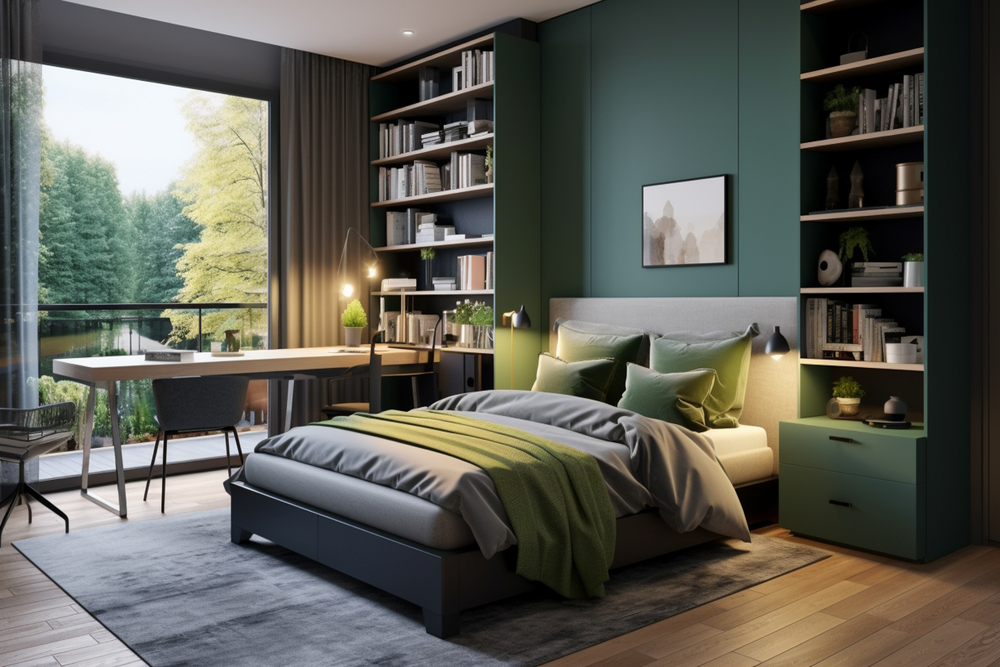 Elegante dormitorio contemporáneo que combina comodidad y funcionalidad, con una cama espaciosa, estanterías decorativas y luz natural. Ideal para un ambiente de descanso reparador y placentero.