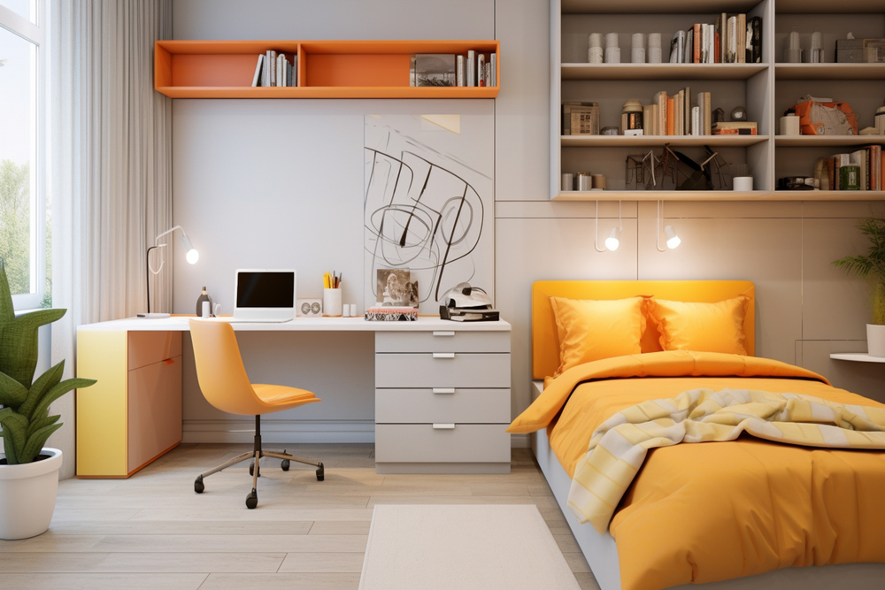 Vista de un elegante espacio de trabajo que combina un escritorio de madera con una computadora portátil y plantas, ideal para fomentar la concentración y la productividad.