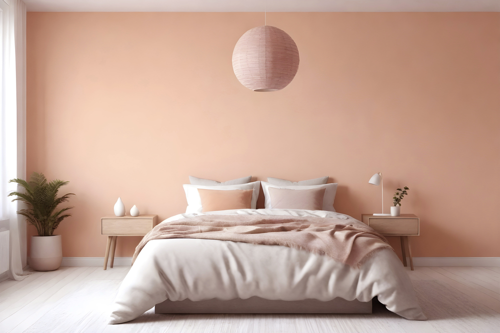 Este dormitorio elegante utiliza paredes en tono rosa palo y ropa de cama en colores suaves para crear un espacio calmante y acogedor, ideal para el descanso y la relajación.