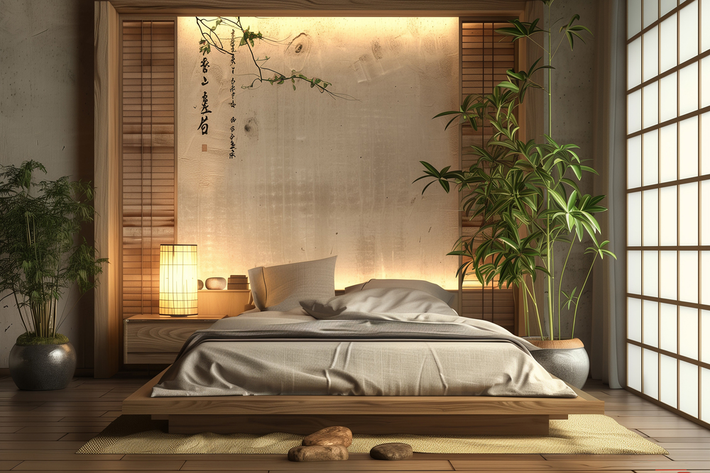 Dormitorio minimalista con influencia de Feng Shui, caracterizado por una cama de madera, iluminación cálida y plantas que favorecen la tranquilidad y la conexión con la naturaleza.