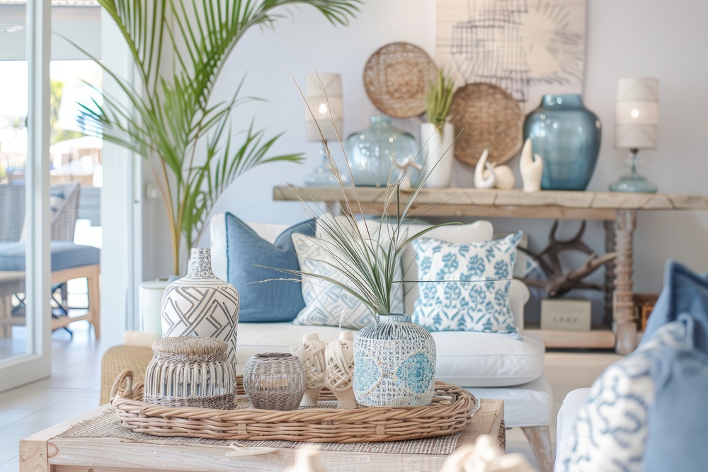 Decoración en estilo mediterráneo, mostrando un salón luminoso con una mesa de centro y cojines en tonos azules y blancos, junto a elementos naturales que aportan frescura y tranquilidad.