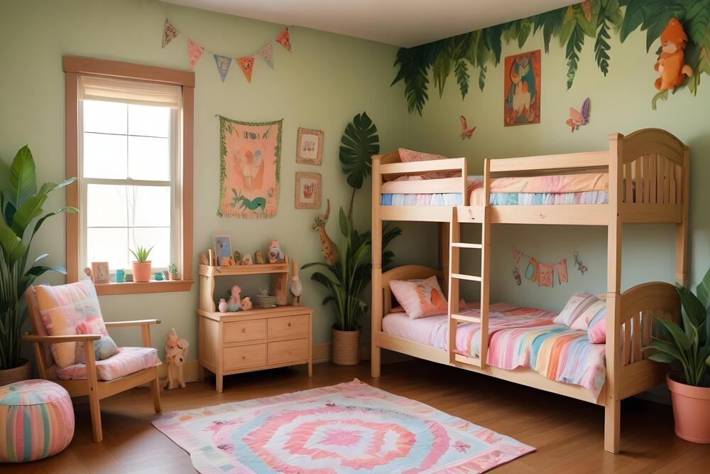 Colorida habitación para gemelos con una litera de madera clara y una decoración alegre, incluyendo plantas y arte en las paredes. Este espacio está diseñado para ser funcional y estéticamente agradable, perfecto para fomentar la individualidad de cada niño.