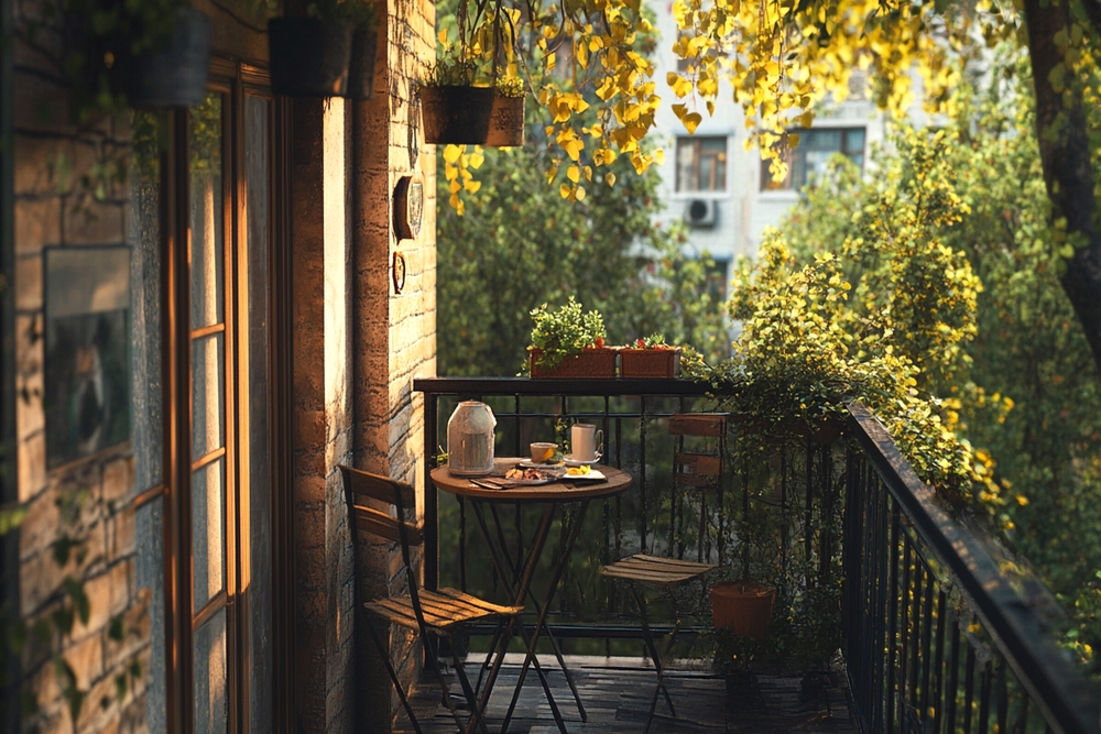 Una acogedora terraza pequeña con una mesa y sillas, donde una mujer disfruta de un café, rodeada de plantas y un paisaje verde.