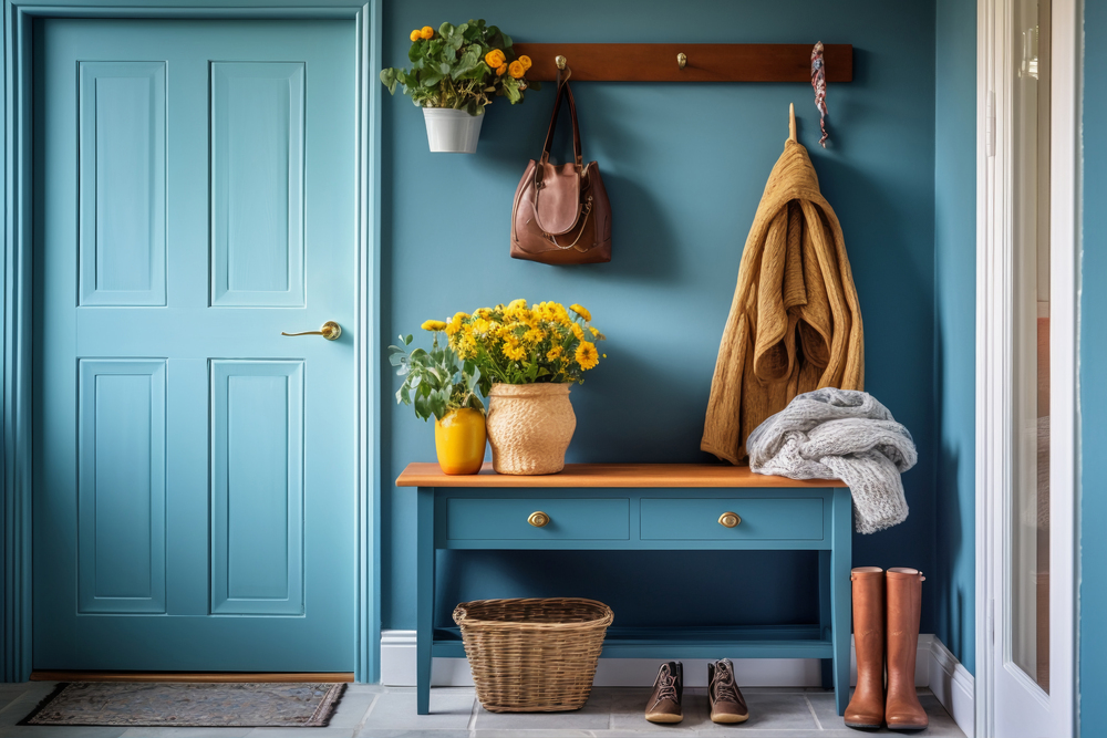 Este recibidor moderno destaca por su colorido mueble azul y elementos decorativos como plantas y flores. Con una iluminación adecuada y espacio para almacenamiento, combina funcionalidad y estética, ofreciendo un cálido saludo a los visitantes y reflejando un estilo personal y acogedor.