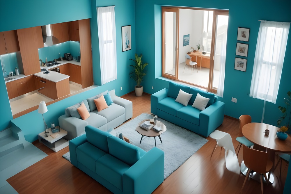 Un salón contemporáneo decorado en tonos turquesa, que incluye un sofá en forma de L y un sofá de dos plazas, complementado con una mesa de centro redonda, ofreciendo un ambiente cálido y acogedor.