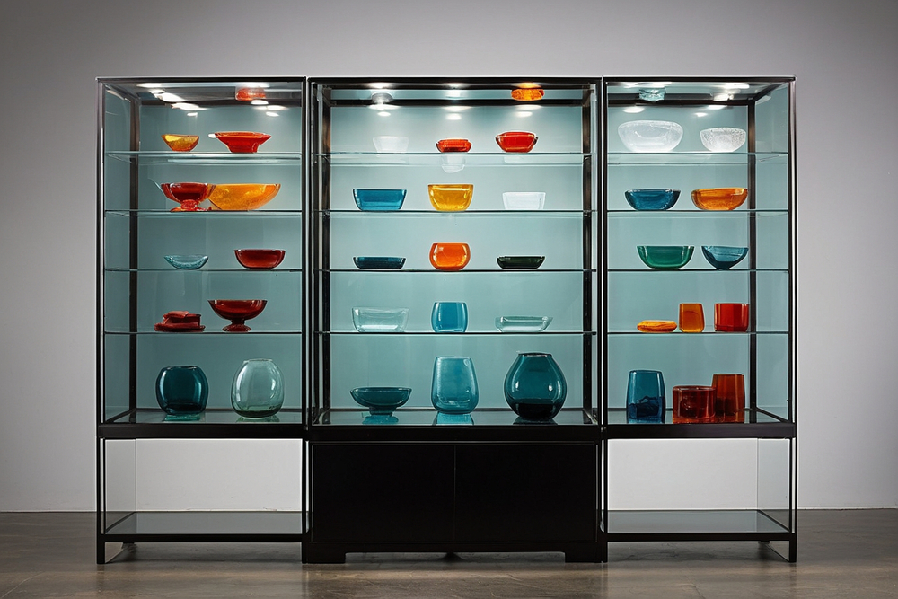 Vitrina elegante llena de cuencos y vasijas de vidrio, mostrando una forma efectiva de usar una vitrina para resaltar objetos decorativos, mientras se agrega profundidad visual y organización al espacio.