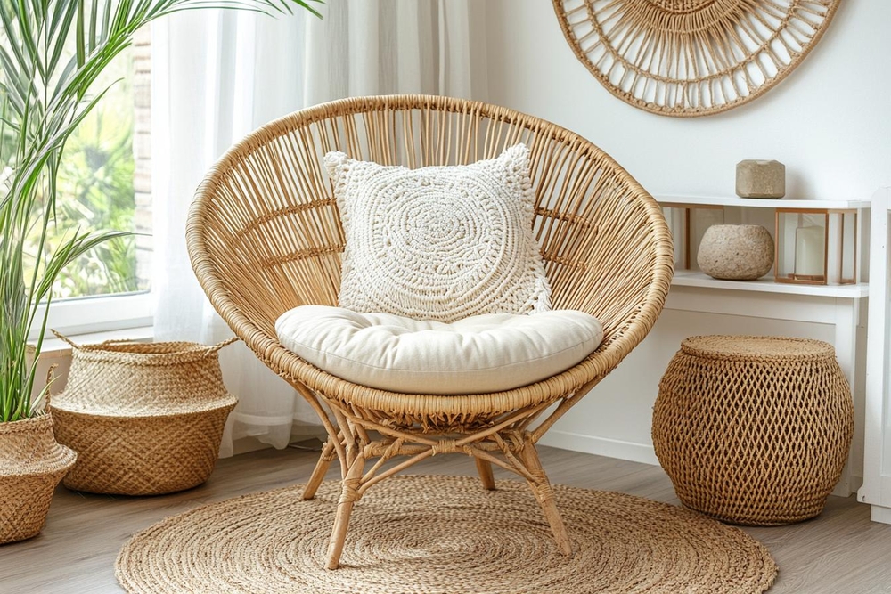 Un elegante sillón de mimbre con un cojín blanco se destaca en un espacio bien iluminado, acompañado de decoraciones de mimbre y una planta, ilustrando la calidez y la versatilidad de los muebles de mimbre en la decoración del hogar.