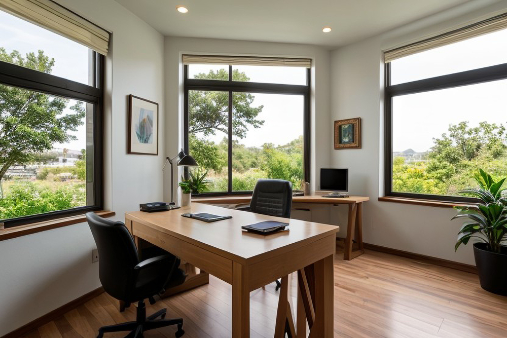 Este despacho contemporáneo cuenta con un diseño ergonómico, destacando un escritorio de madera y una silla cómoda. Las amplias ventanas permiten la entrada de luz natural, mientras que las plantas decorativas añaden un toque fresco al espacio, ideal para fomentar la concentración y la creatividad durante el trabajo.