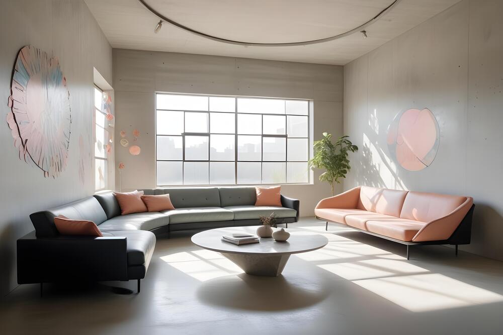 Un salón contemporáneo con un diseño elegante que incluye un sofá en forma de L negro y un sofá de dos plazas en tonos suaves, acompañado de una mesa de centro circular, creando un ambiente acogedor y estilizado.