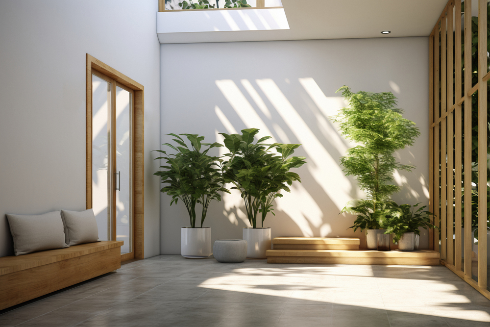 Espacio interior moderno y luminoso con paredes blancas y detalles de madera, que incluye un banco de madera con cojines y plantas verdes en macetas. La iluminación natural resalta la frescura y comodidad del entorno, ideal para crear un ambiente acogedor.