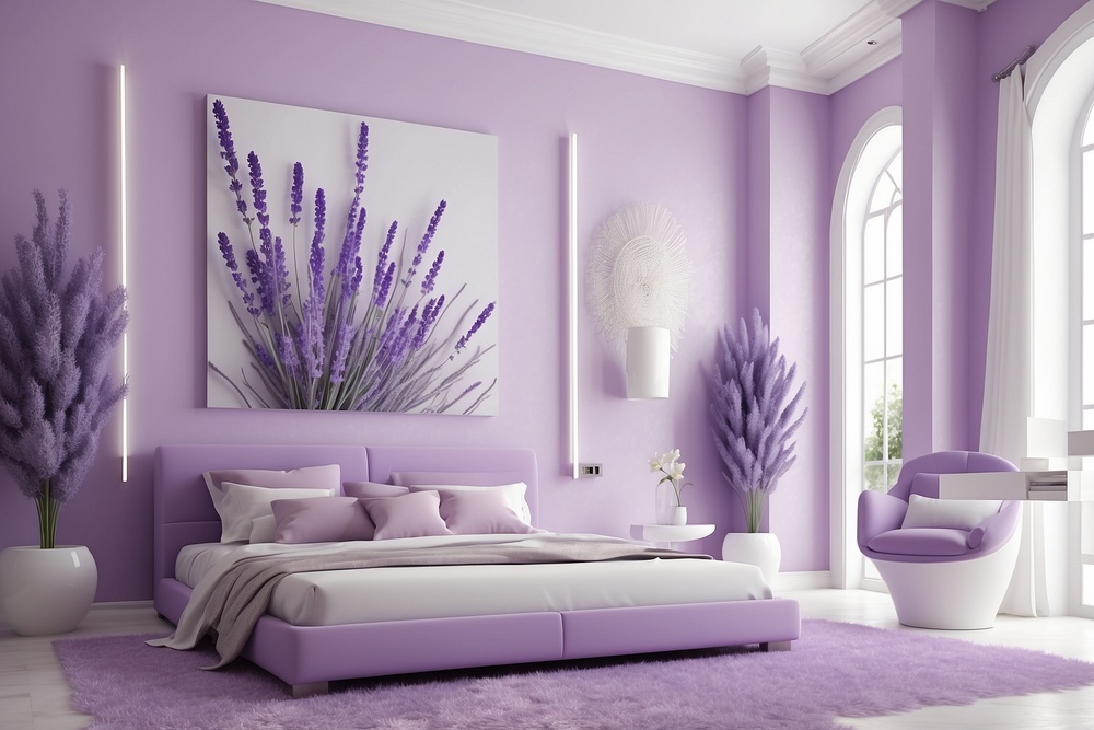 Este dormitorio elegante se beneficia de un uso completo del color lavanda, desde las paredes hasta la ropa de cama, complementado con decoración temática y luz natural, perfecto para la relajación y un sueño reparador.