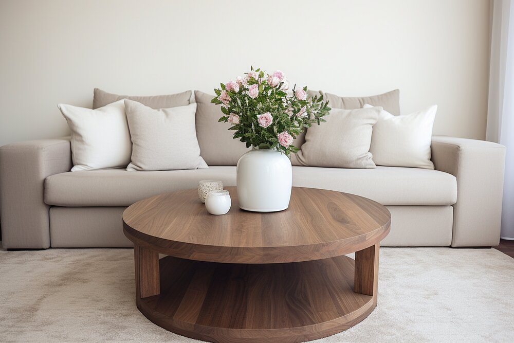 Elegante mesa de centro de madera con un diseño contemporáneo, decorada con un jarrón de flores, ubicada en un luminoso salón con un sofá beige y almohadas suaves.