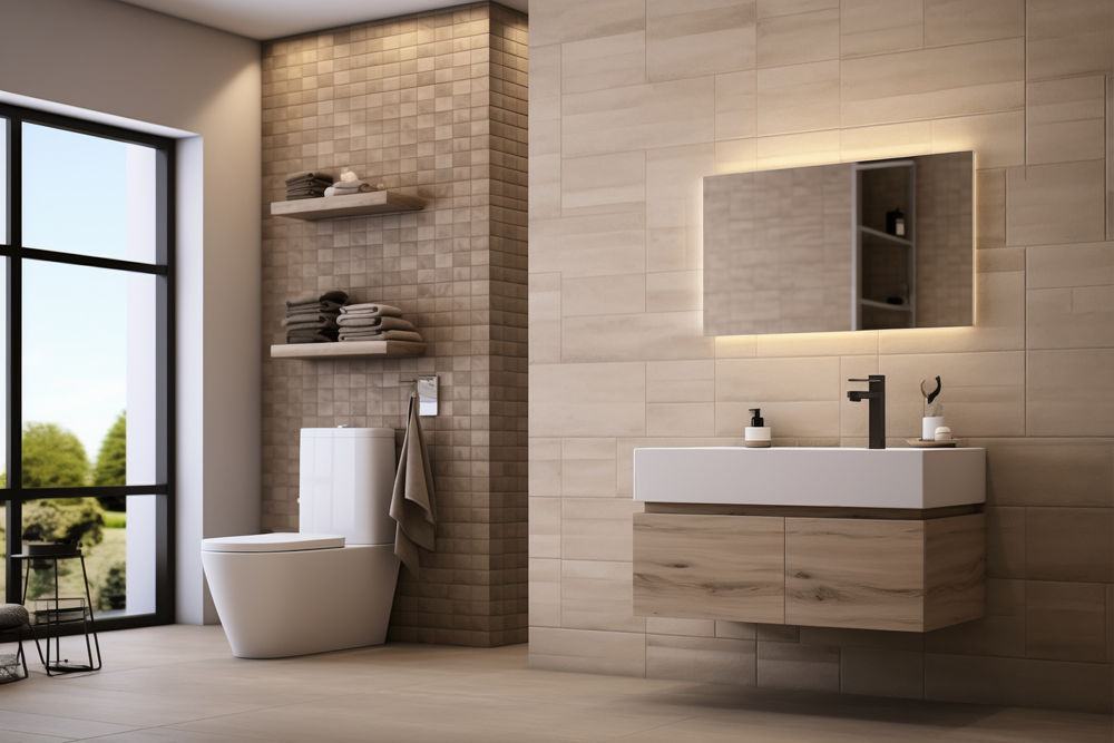 Baño contemporáneo que combina un elegante mueble de lavabo de madera clara y mármol con un diseño minimalista. El espacio cuenta con iluminación suave y estanterías abiertas, creando un ambiente acogedor y funcional.