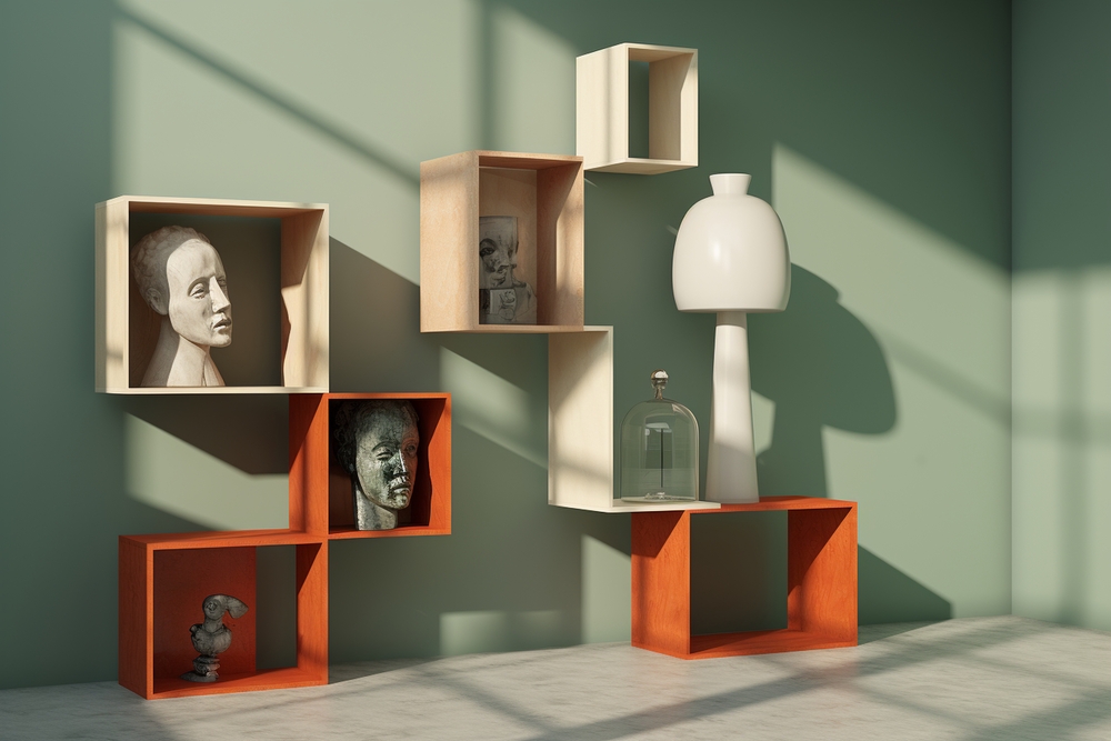 Estantería contemporánea en tonos claros y oscuros, diseñada para mostrar colecciones artísticas. Un espacio que combina estilo y funcionalidad, ideal para resaltar objetos decorativos.