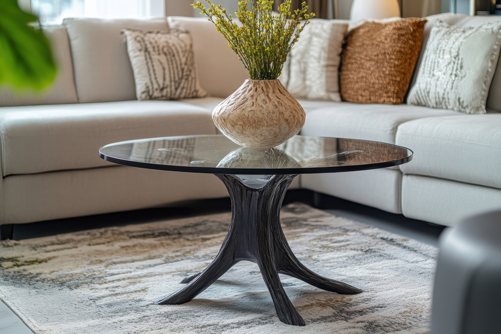 Elegante mesa de centro redonda que combina una base de madera oscura con una tapa de cristal, acompañada de un jarrón decorativo con flores, en un acogedor salón con sofá gris.