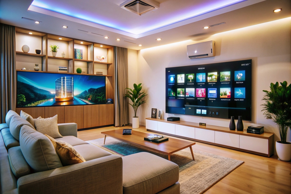 Vista de un salón contemporáneo que presenta un televisor montado en la pared, ideal para disfrutar de una experiencia visual cómoda, con un ambiente armonioso y elegante.