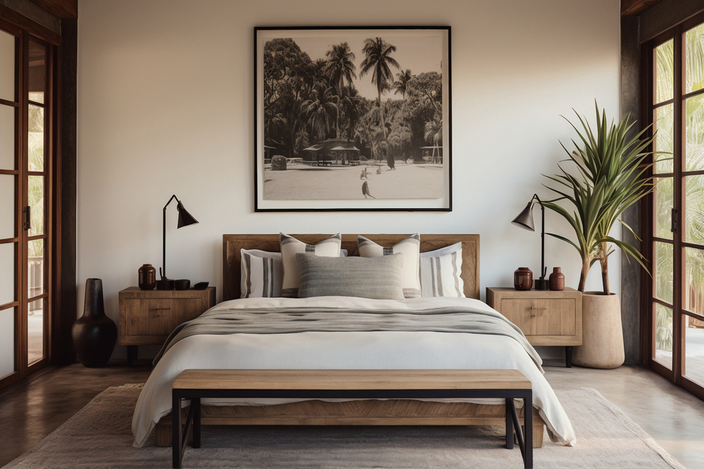Elegante dormitorio contemporáneo con cama y estanterías, decorado en tonos suaves y naturales. Un espacio diseñado para la comodidad y el bienestar, ideal para un descanso reparador.