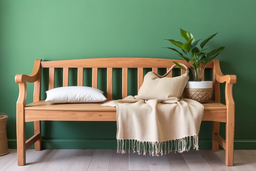 Estiloso banco de madera con cojines, situado frente a una pared verde vibrante, adornado con una planta en maceta, creando un espacio acogedor y decorativo.
