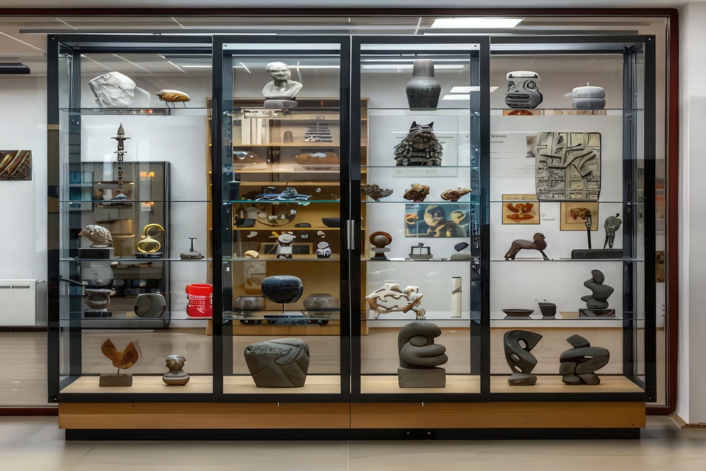 Una vitrina de cristal exhibe una ecléctica colección de arte, utilizando el espacio de manera estructurada para destacar cada pieza individualmente, reflejando un uso experto del arte de decorar con vitrinas para mejorar la estética del espacio interior.