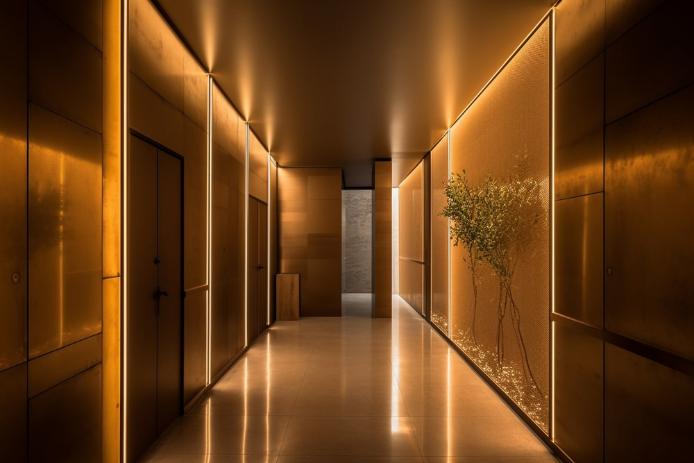Este pasillo, diseñado sin luz natural, utiliza iluminación indirecta y paredes con acabados metálicos para crear un efecto visualmente cálido y acogedor, resaltado por una delicada planta artificial al fondo.