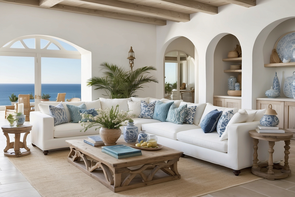 Elegante salón en estilo mediterráneo, con un sofá blanco adornado con cojines en tonos azules, una mesa de café de madera y una amplia ventana que ofrece vistas al mar, creando un ambiente luminoso y relajante.