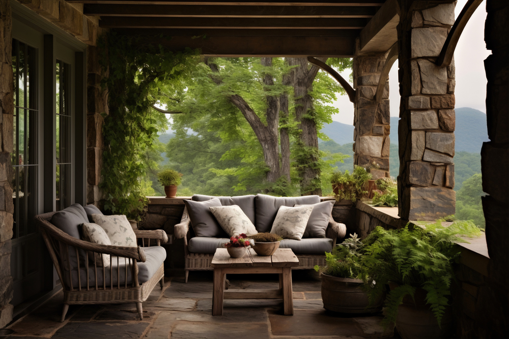 Una hermosa terraza con muebles de mimbre y plantas, que ofrece un espacio acogedor para disfrutar del aire libre y la naturaleza.