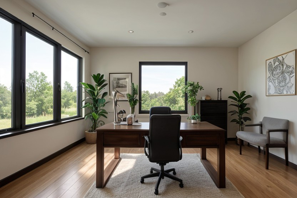 Este despacho en casa destaca por su diseño ergonómico y estilizado, combinando un escritorio de madera con una silla cómoda, iluminación natural y plantas que aportan frescura. Este espacio está diseñado para maximizar la productividad y el bienestar, creando un entorno inspirador y funcional para el teletrabajo.