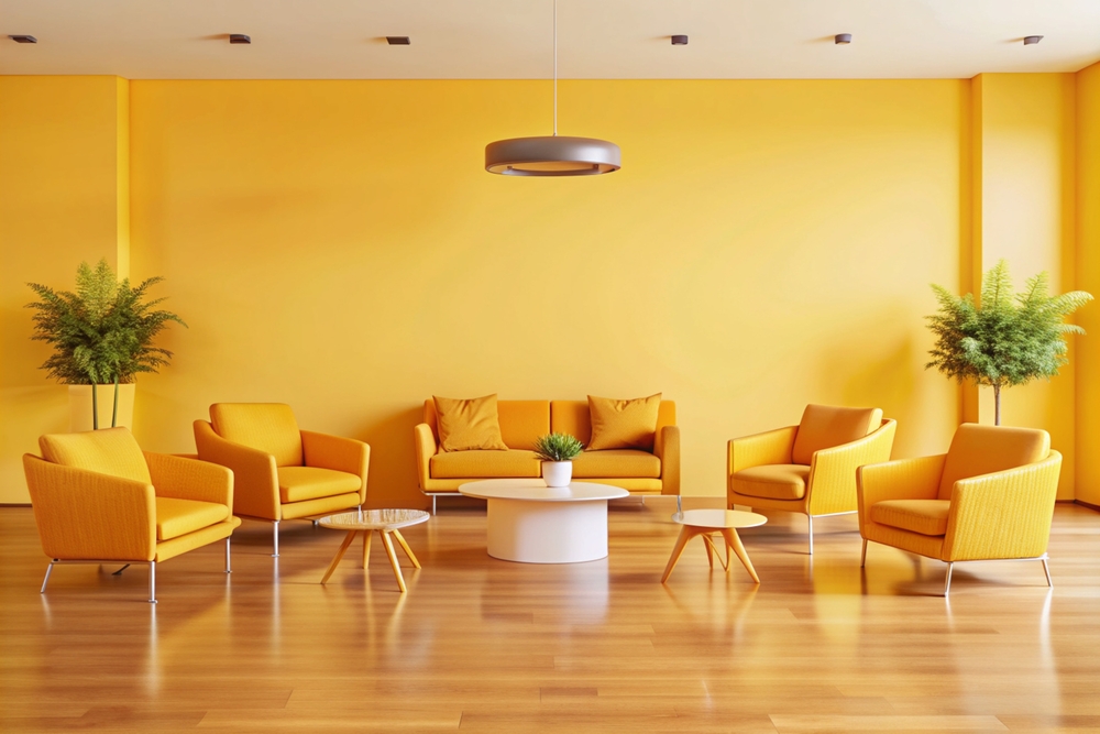 Salón contemporáneo decorado en tonos amarillos brillantes, creando un ambiente alegre y acogedor, reflejando las tendencias de diseño para 2024.