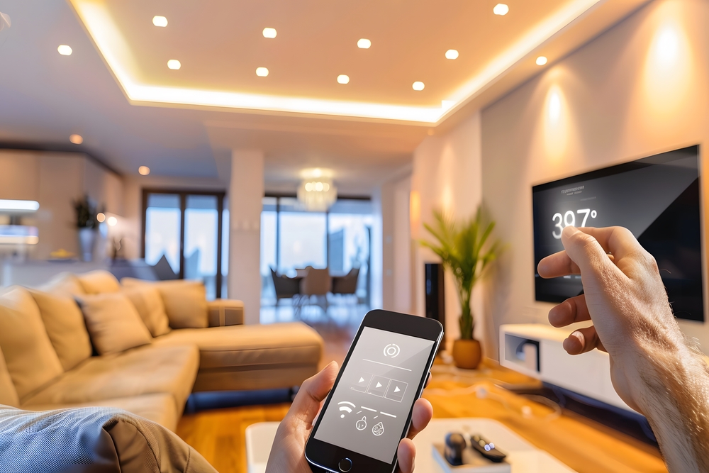 Un interior contemporáneo donde un sofá claro complementa un sistema de iluminación LED. Una persona utiliza un teléfono móvil para controlar la luz, destacando la tendencia de iluminación inteligente que optimiza la funcionalidad y el ambiente del hogar.