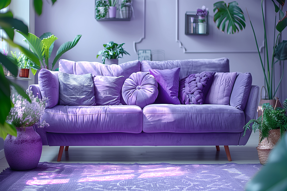 Un sofá morado, decorado con cojines de diferentes texturas y tonos, se destaca en un espacio acogedor lleno de vegetación. Esta imagen ejemplifica las tendencias en sofás para 2024, que abogan por colores audaces y un diseño expresivo, creando un ambiente cálido y estilizado.
