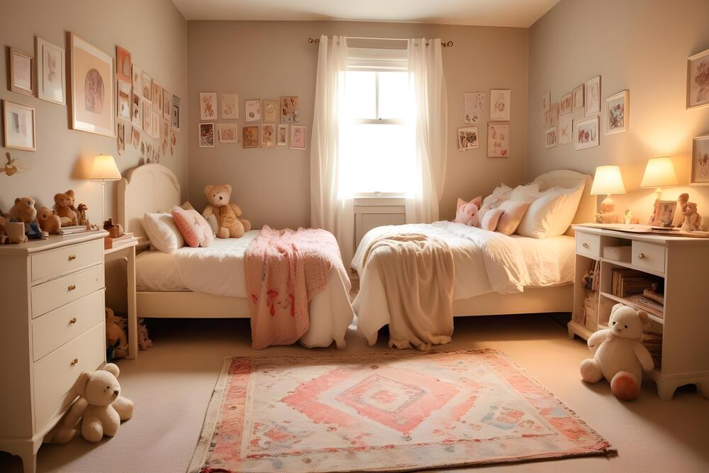 Dormitorio encantador para gemelos, con dos camas individuales y una decoración llena de color, incluyendo peluches y arte en las paredes. Este espacio está diseñado para ser funcional y acogedor, promoviendo tanto la unidad como la individualidad de cada niño.