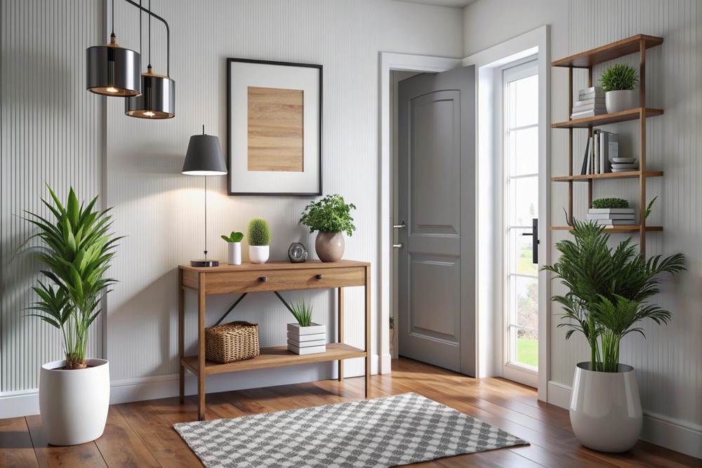 Este recibidor contemporáneo destaca por su diseño acogedor y funcional. Con una mesa de madera, plantas verdes y una iluminación cálida, crea una atmósfera agradable. Elementos decorativos como un marco en la pared y estantes añaden carácter, convirtiendo el espacio en una bienvenida única y estilizada para los visitantes.