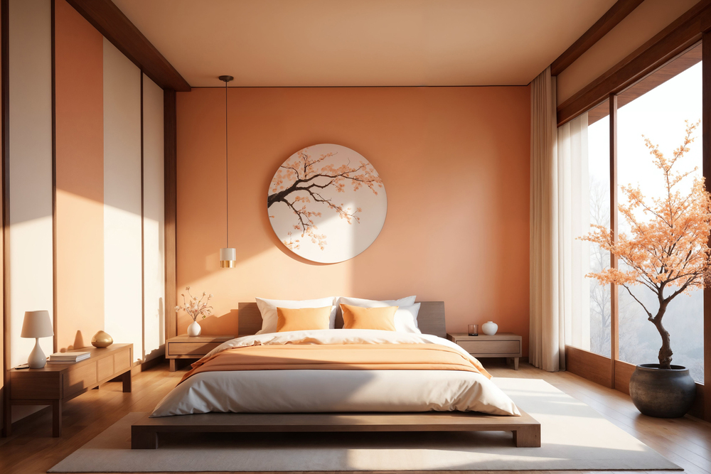 Un elegante dormitorio decorado en tonos melocotón, con una cama confortable y elementos de madera, complementado por una planta que aporta frescura, ideal para aplicar técnicas de Feng Shui.