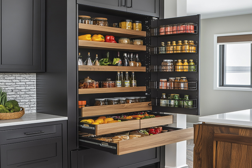 Moderno sistema de almacenamiento en una cocina, con estantes y cajones diseñados para maximizar el espacio y mantener la organización de los alimentos y utensilios.